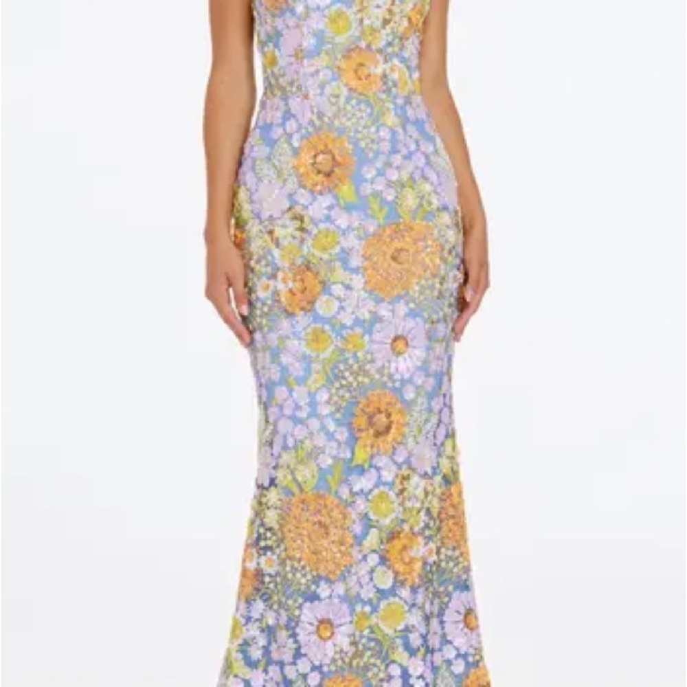 Dress the Population Floral Maxi Dress in Blue and Orange